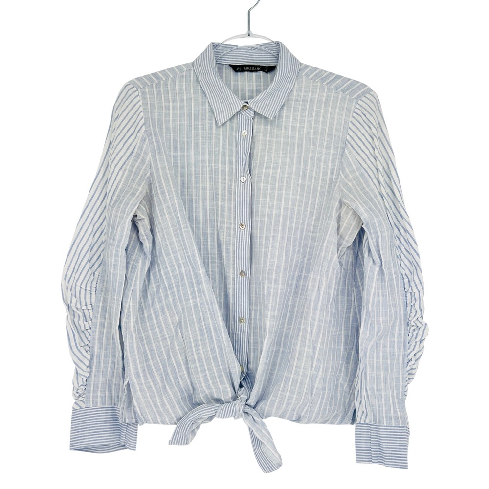 Zara Basic Tie Front Shirt Womens Large Blue Striped Ruched Sleeve Cotton Casual